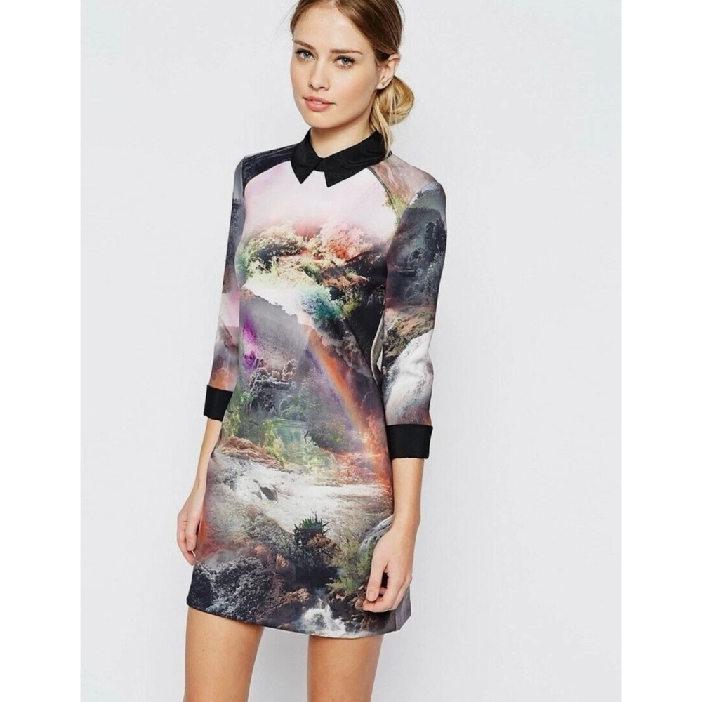 TED BAKER Rainbow Waterfall forest photo print collar tunic shirt dress 1 size 4